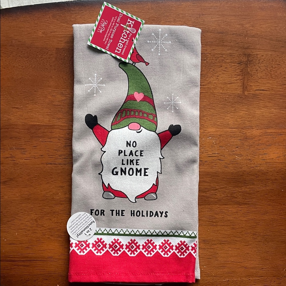 Holiday Gnome Kitchen Towel along with a Gnome for the Holidays decoration.